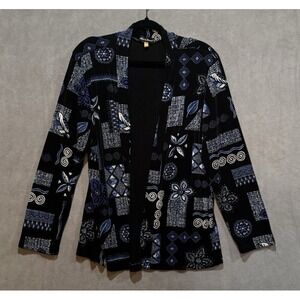 Made in Heaven Vintage Open Front Cardigan XL Blue Black Geometric Floral Print